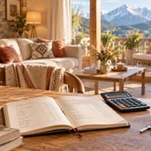 Carnet de suivi, calculatrice et clés dans une location saisonnière chaleureuse face aux Pyrénées.
